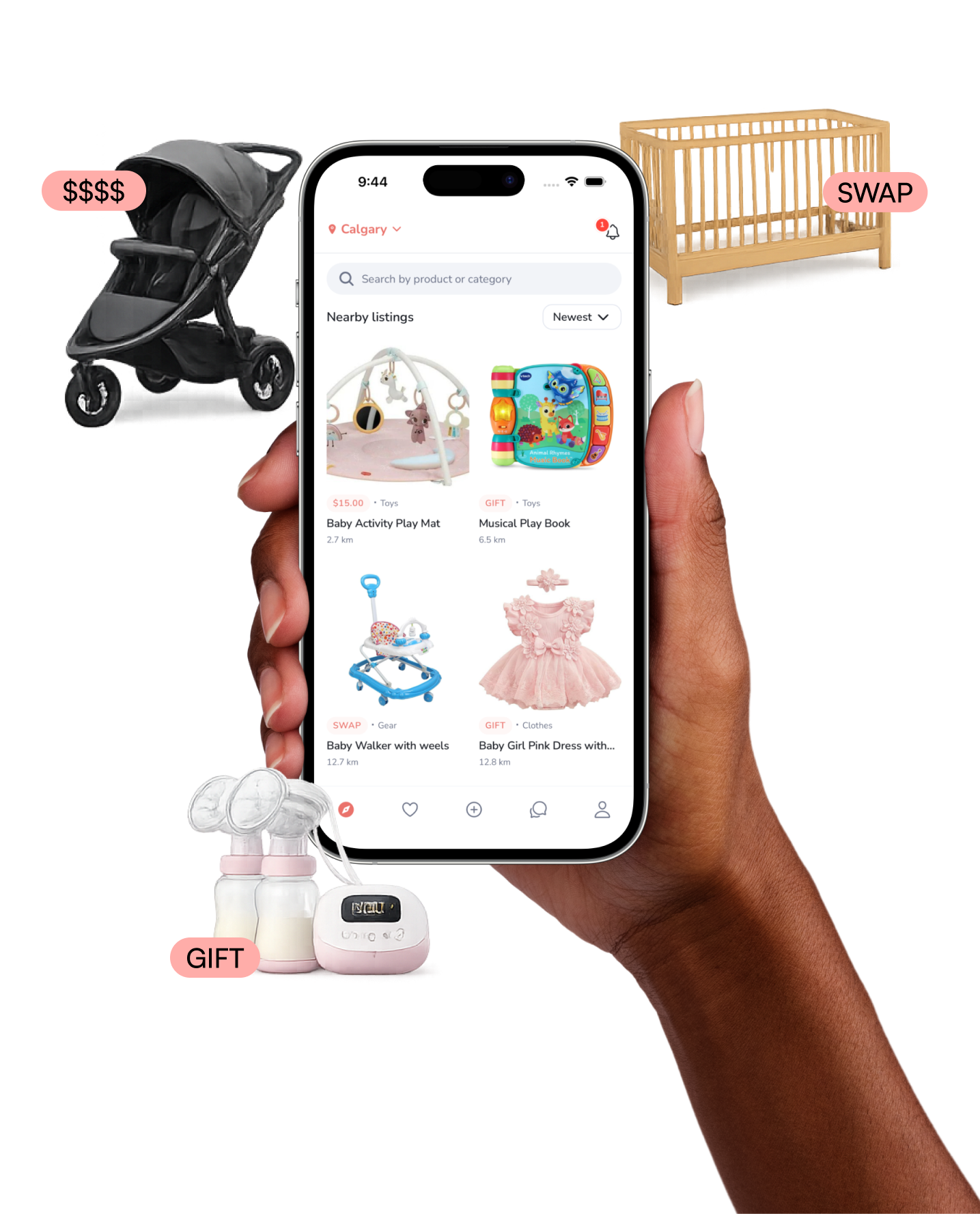 Givehood home screen showing nearby kids' item listings and local parent search